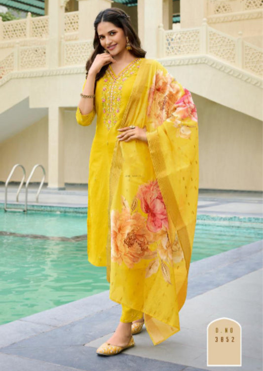 Festival Kurti Pant With Dupatta - Yellow