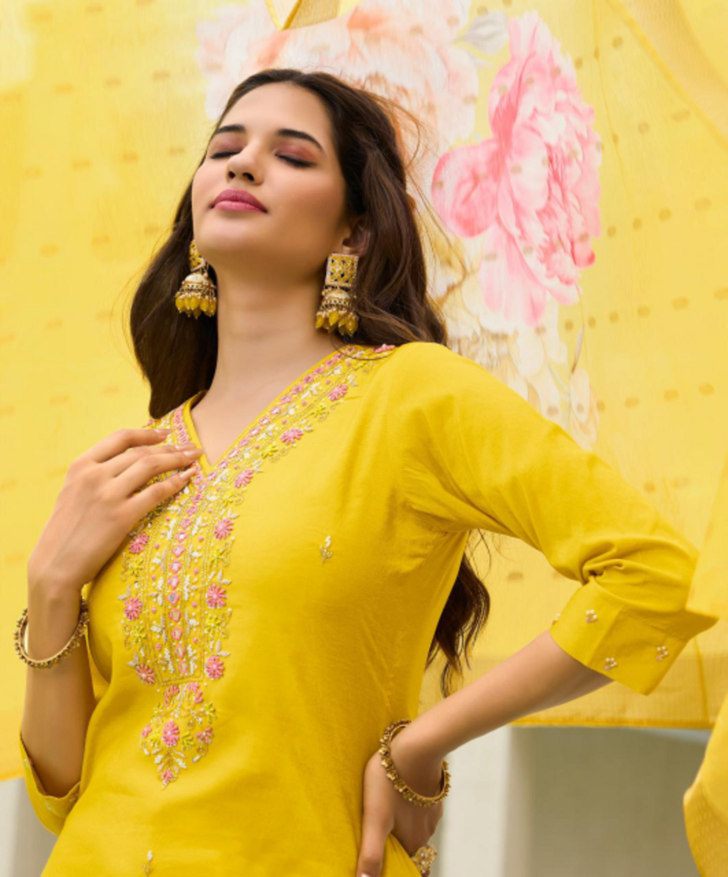 Festival Kurti Pant With Dupatta - Yellow