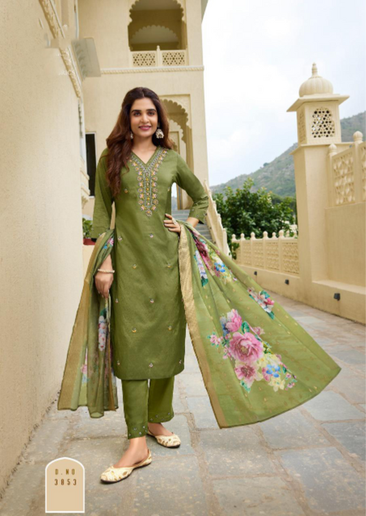 Festival Kurti Pant With Dupatta - Olive Green