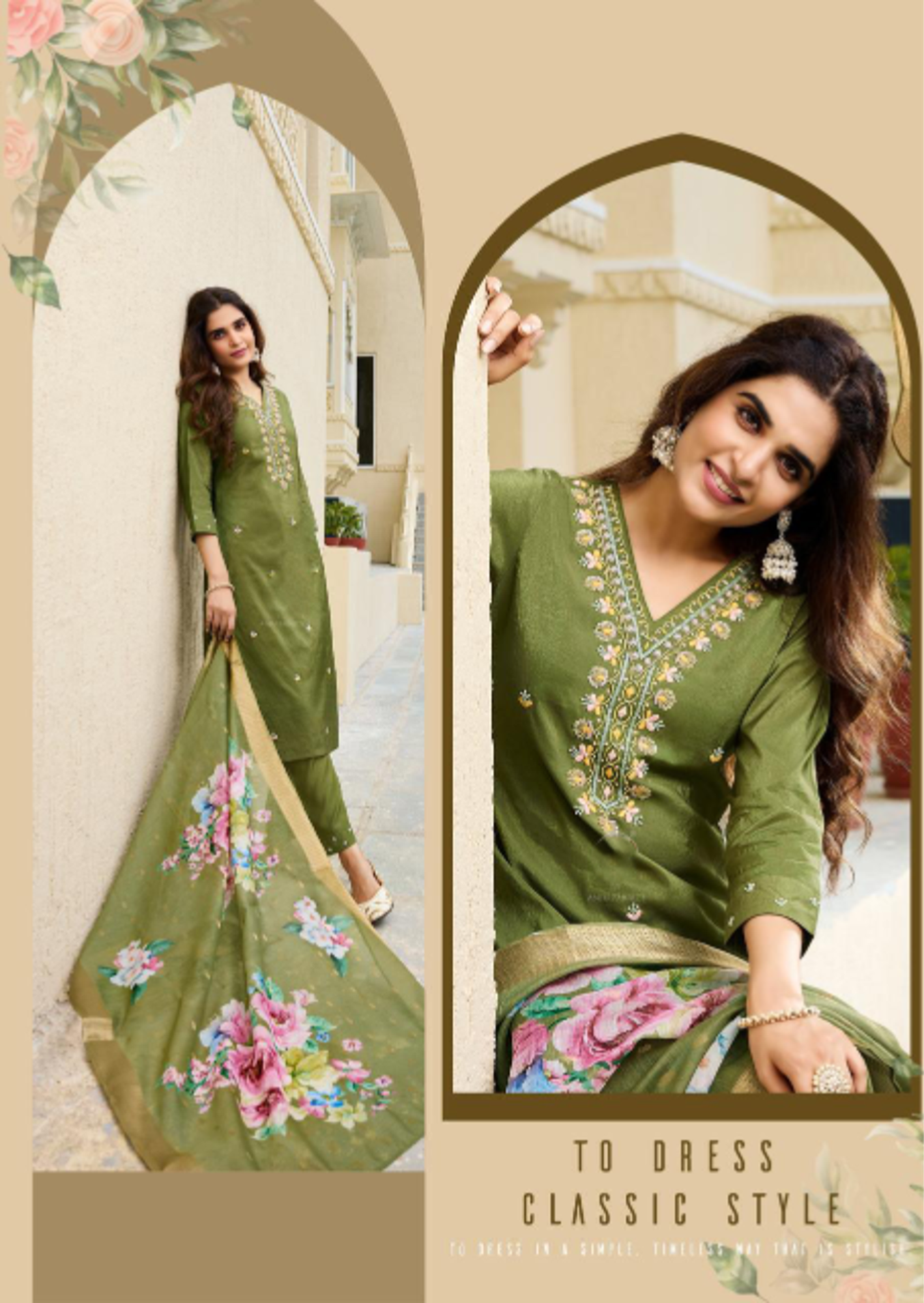 Festival Kurti Pant With Dupatta - Olive Green